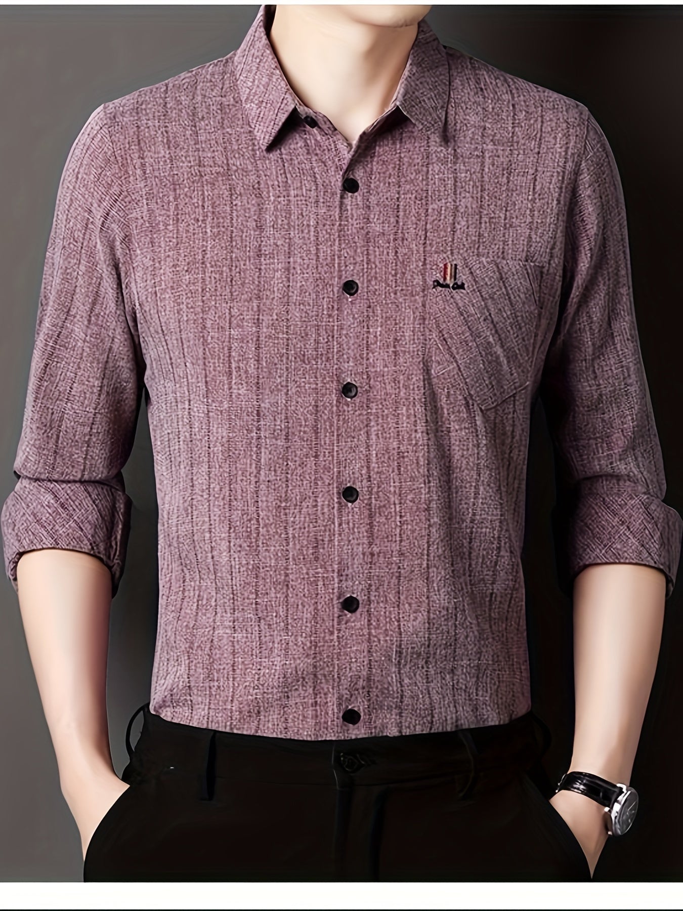 Men'S Striped Shirt with a Chest Pocket, Casual Long-Sleeve Shirt with a Collar.