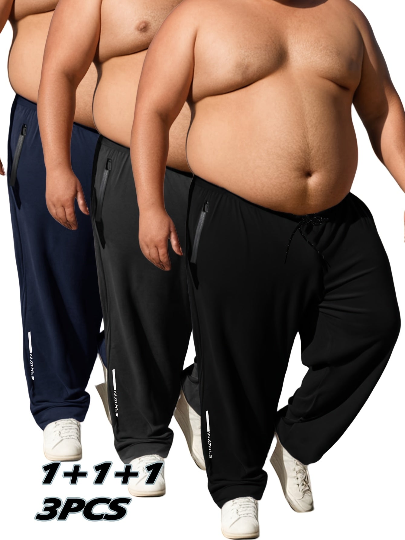3pcs Pantalons Homme Grande Taille – Casual, Cordon Élastique, Poches Zippées, Noir & Bleu