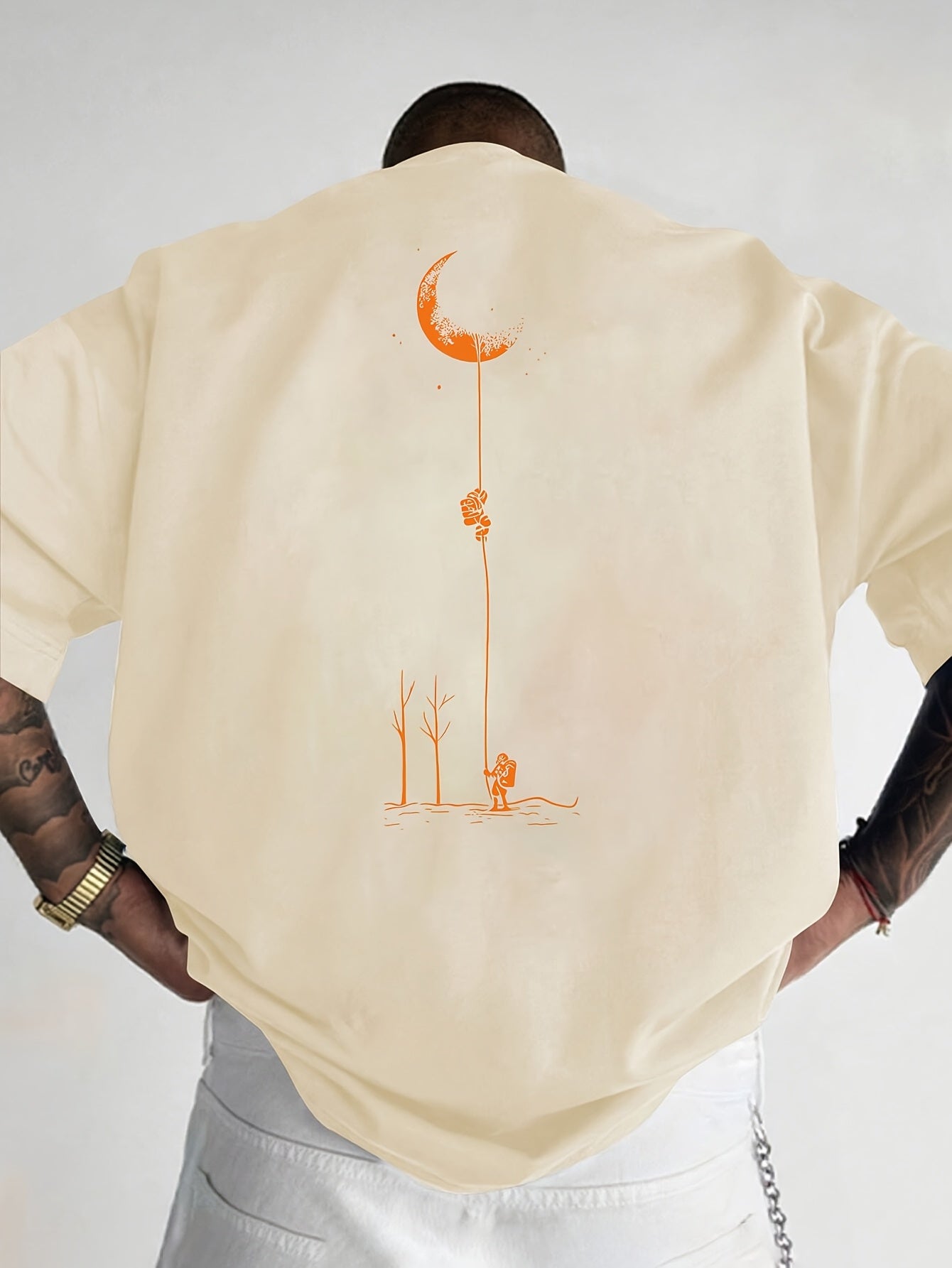 Moon and Trees Design Front & Back Graphic Crew Neck Cotton Summer Fashion Short Sleeve Casual Daily Style Top with Unique Geometric Pattern, Suitable for Spring/Summer Outdoor Activities