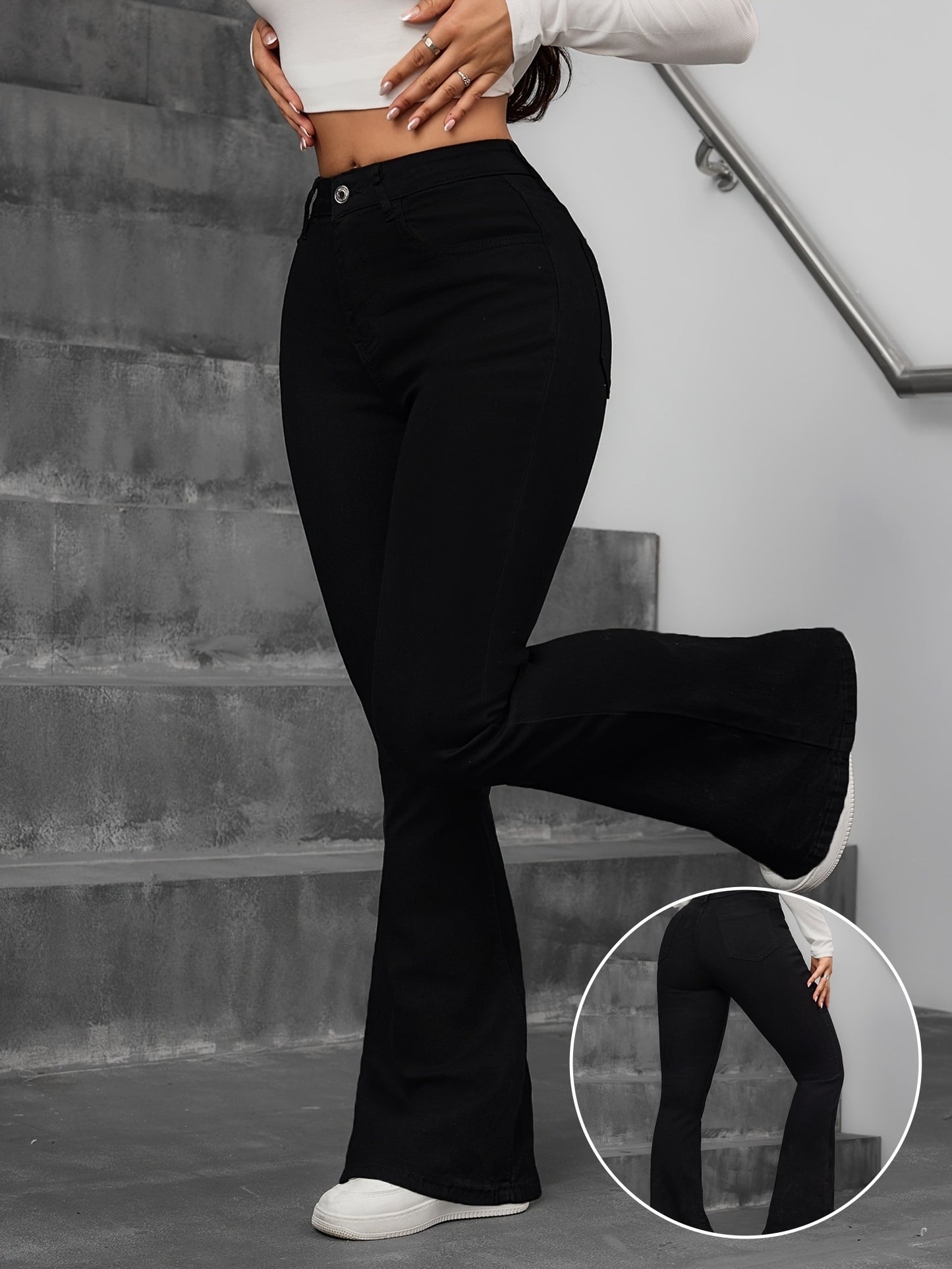 Jean évasé taille haute pour femmes – Slim fit, fermeture bouton, longue, noir, style casual, toutes saisons