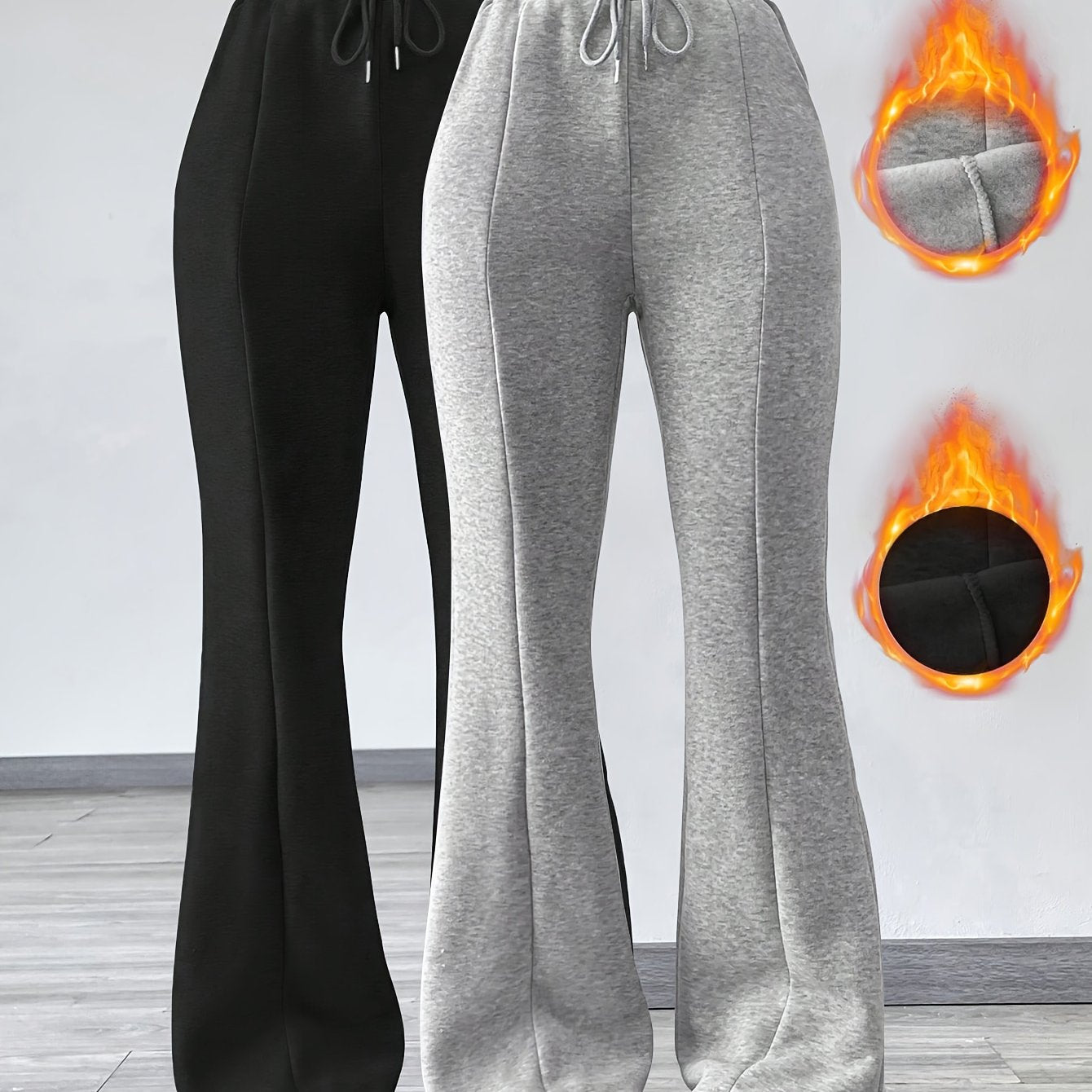 Ensemble Deux-Pièces Femme – Pantalon Évasé Taille Haute, Doublé Polaire, Taille Élastique avec Cordons et Poches