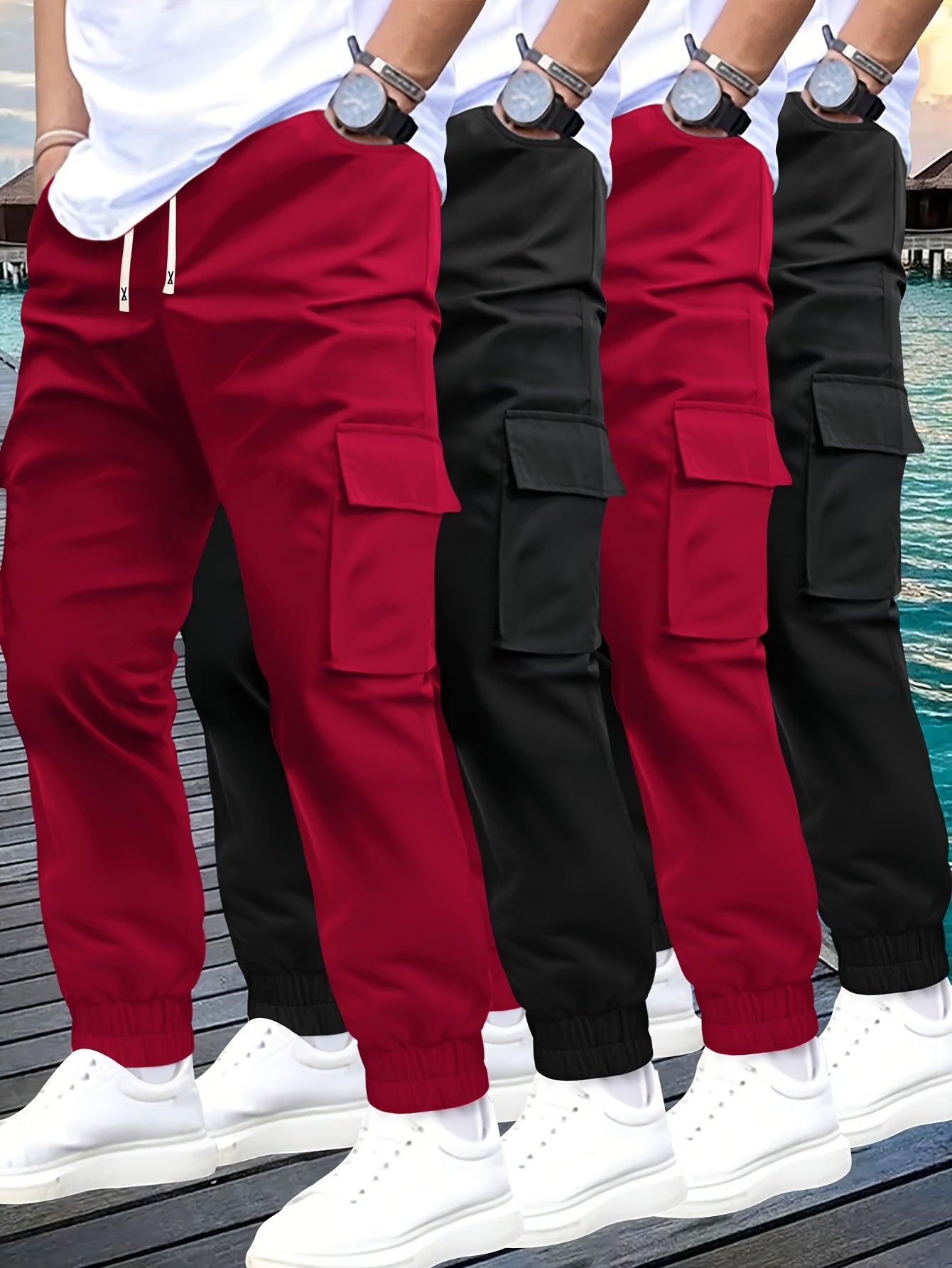 4pcs Pantalons Cargo Homme – Cordon Ajustable, Multipoches, Confort, Tout Saison