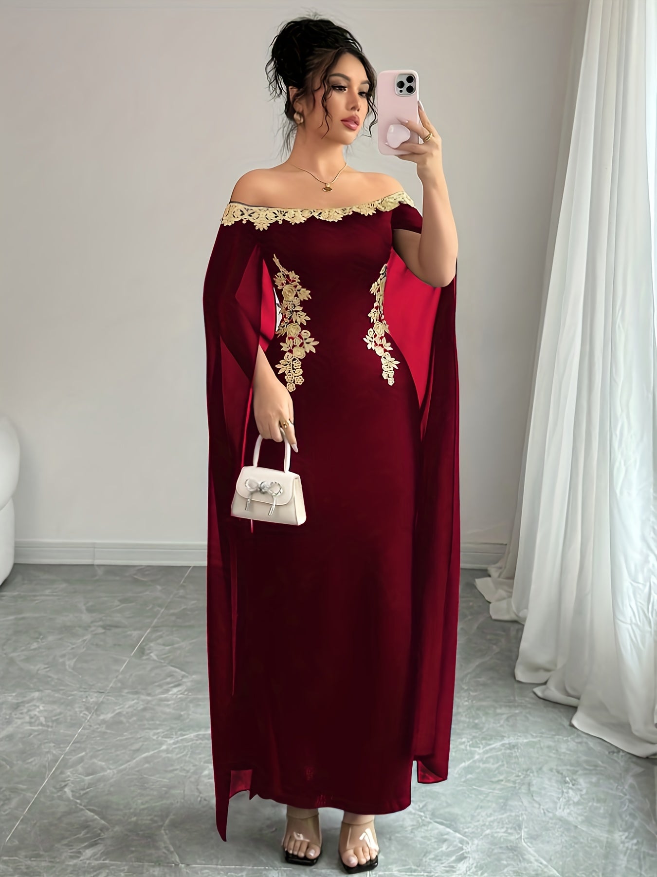 Sexy, Elegant and Versatile Daily Wear Golden Floral Embellished Off-Shoulder Sheer Cape Fitted Waist Golden Appliqué Long Mermaid Hem Bodycon Dress