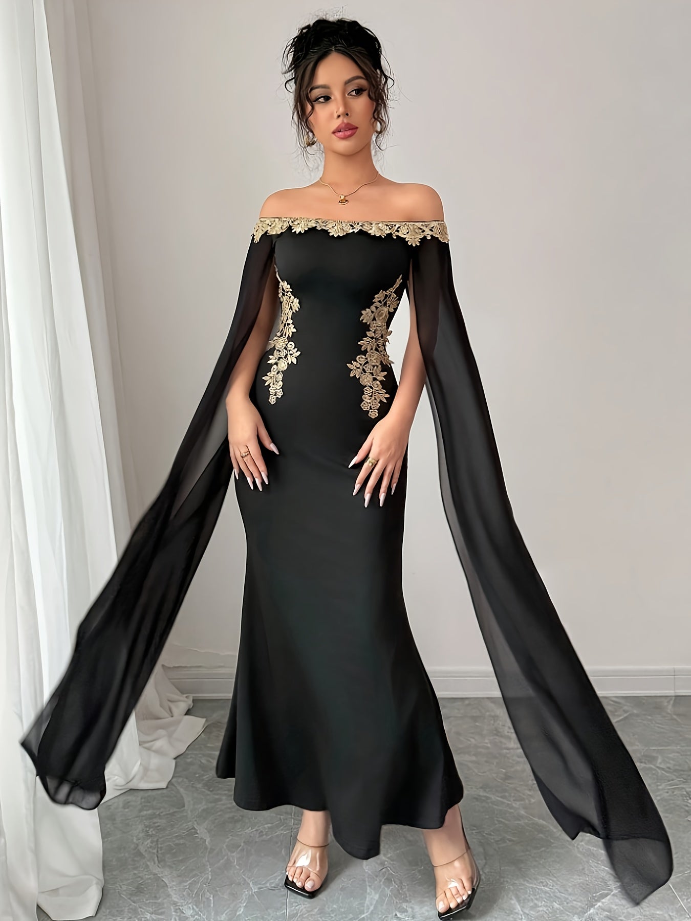 Sexy, Elegant and Versatile Daily Wear Golden Floral Embellished Off-Shoulder Sheer Cape Fitted Waist Golden Appliqué Long Mermaid Hem Bodycon Dress