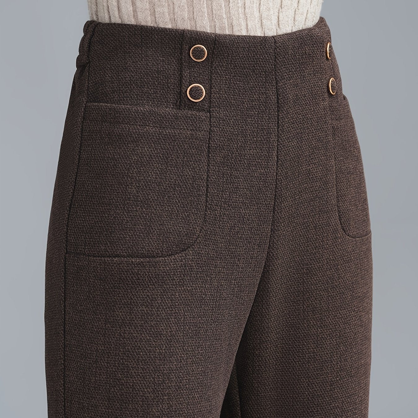 Pantalon Femme en Tweed Laine-Mélange – Jambe Droite, Taille Élastique avec Boutons, Marron Foncé, Automne/Hiver, Élégant et Décontracté