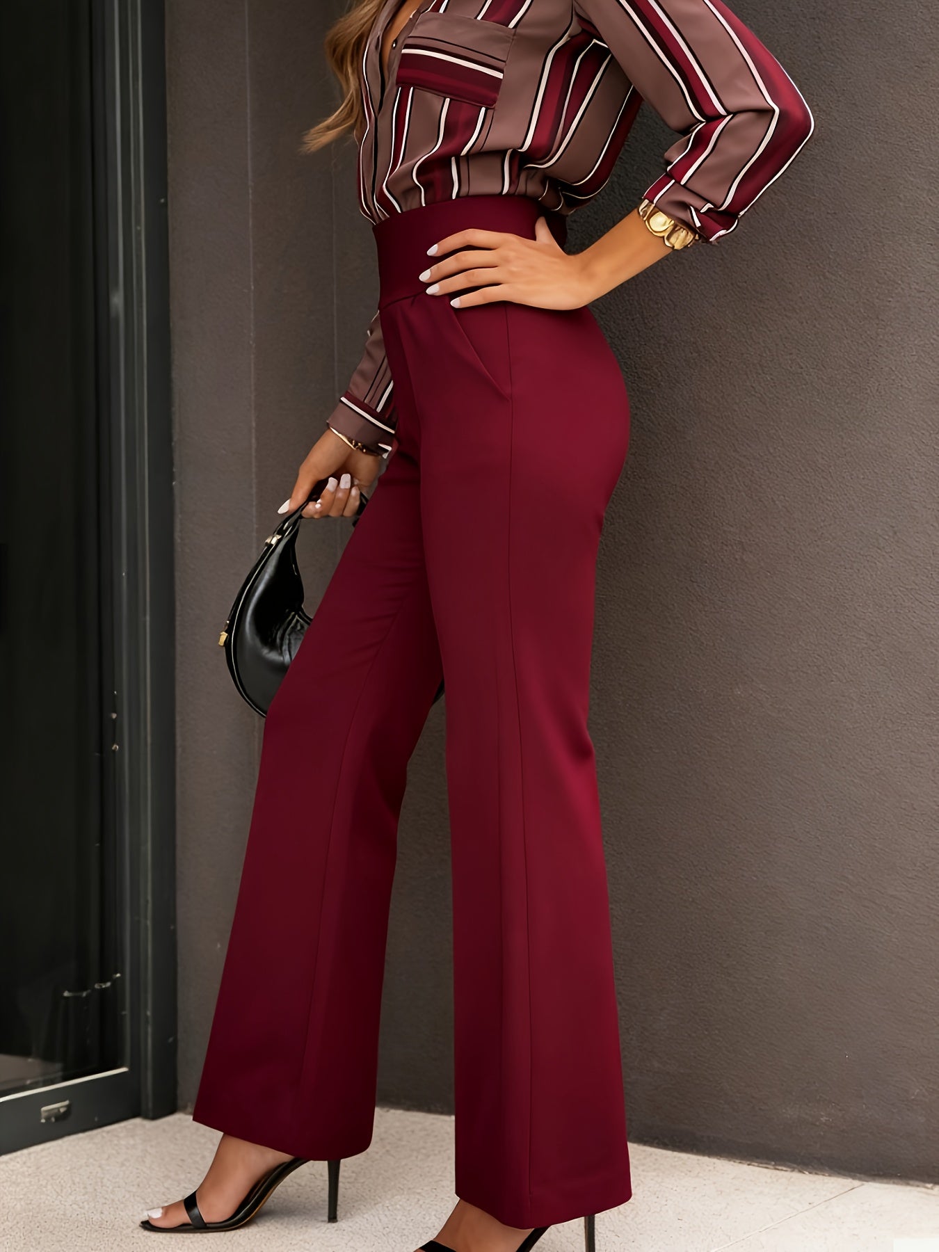 Pantalon Femme Bordeaux Taille Haute – Jambe Évasée, Longueur Cheville, Rayures Verticales, Tous Saisons, Bureau et Décontracté