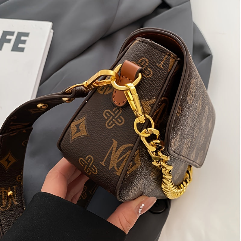 Sac bandoulière femme marron café – chaîne dorée, fermeture à boucle réglable, petit sac carré pour trajets, usage décontracté ou professionnel, accessoire élégant et pratique