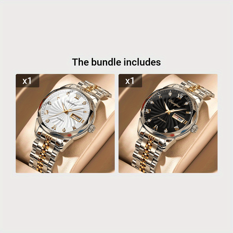 Men's Automatic Mechanical Watch with Luminous Dial, Waterproof, Roman Numerals & Date/Day Display, Golden-Tone Steel Band, Accents - Fashionable Dress Watch for Everyday & Formal Wear, Bling Watch, Formal Timepiece B