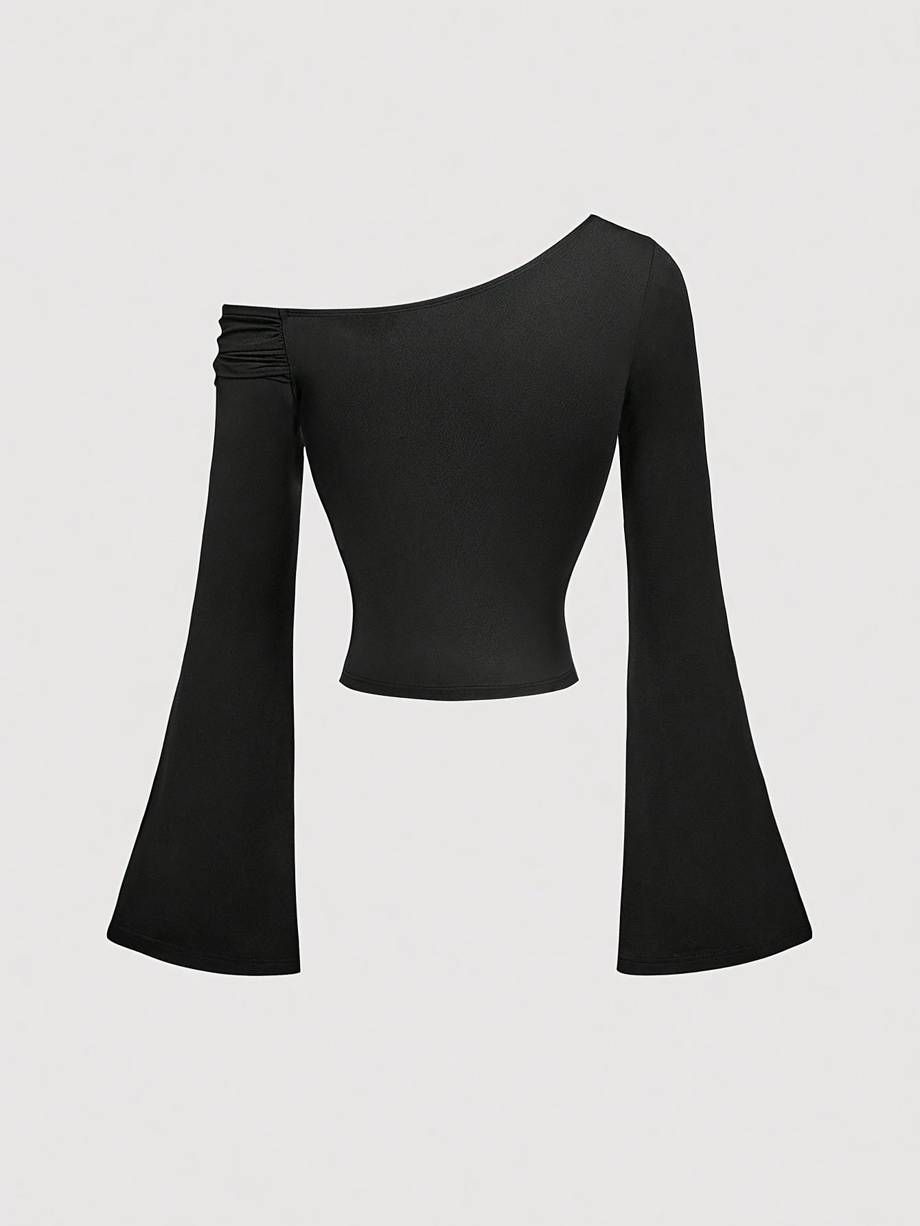T-shirt élégant noir asymétrique pour femmes – manches cloche, col asymétrique à une épaule, boutons métal, style rétro années 2000, occidental, bureau ou costume Halloween, lavable en machine automne/hiver