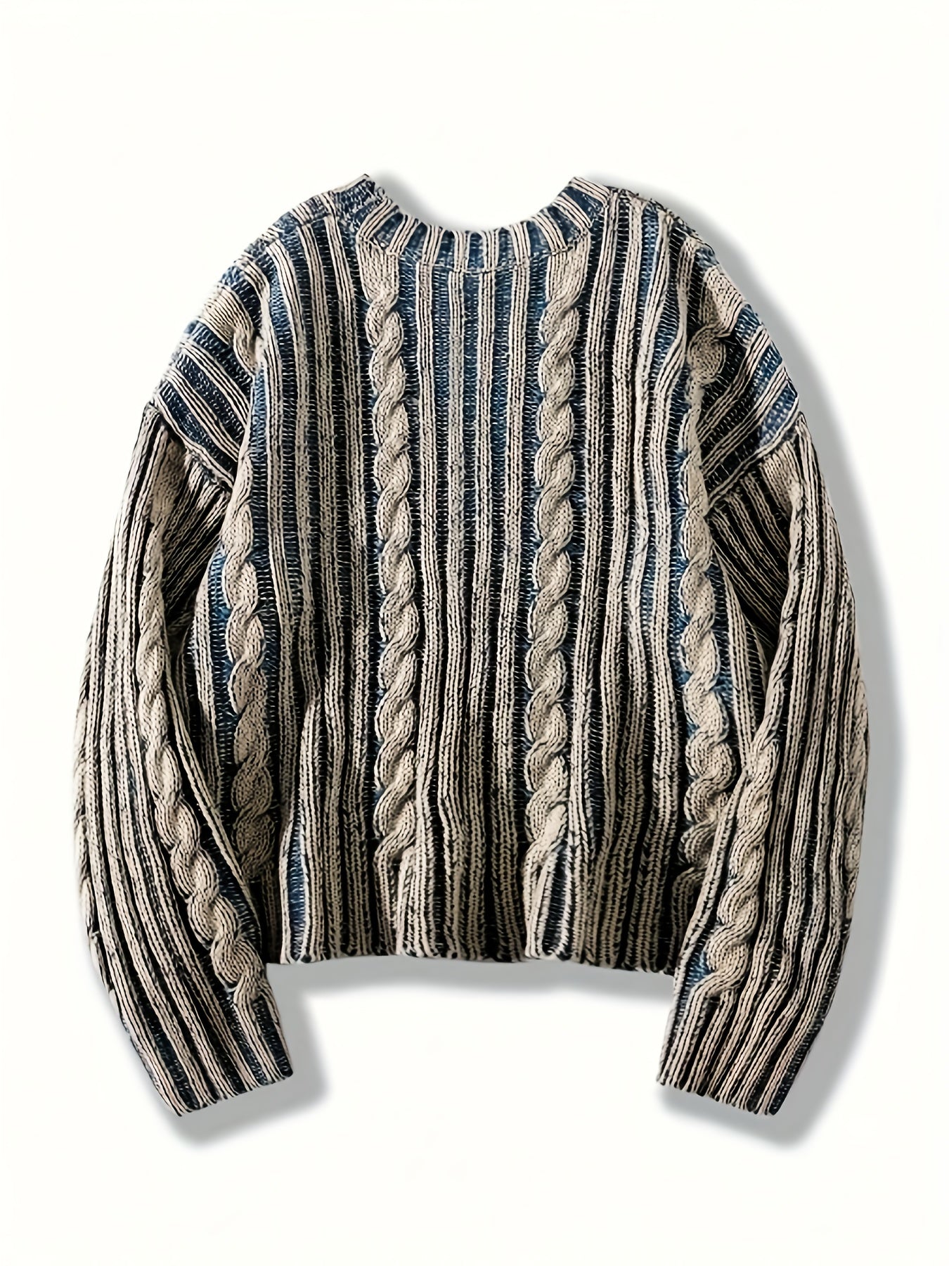 Men's Autumn Winter Casual Retro Color-Block Round Neck Sweater - Loose Fit Cable Knit Pullover with Blue & Beige Contrast, Hand Wash/Dry Clean, Knitted Sweater, Cozy Knitwear, Relaxed Fit Sweater, Comfortable Fabric