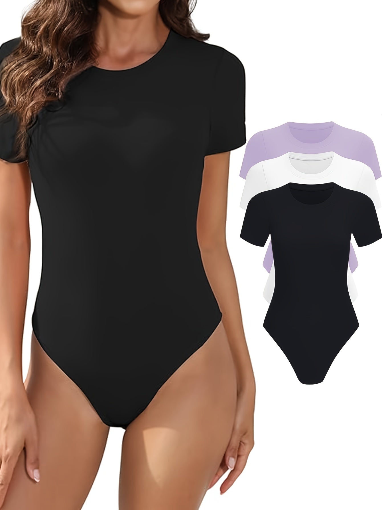 Lot de 3 bodys femme – manches courtes, col rond, coupe ajustée, basiques confortables