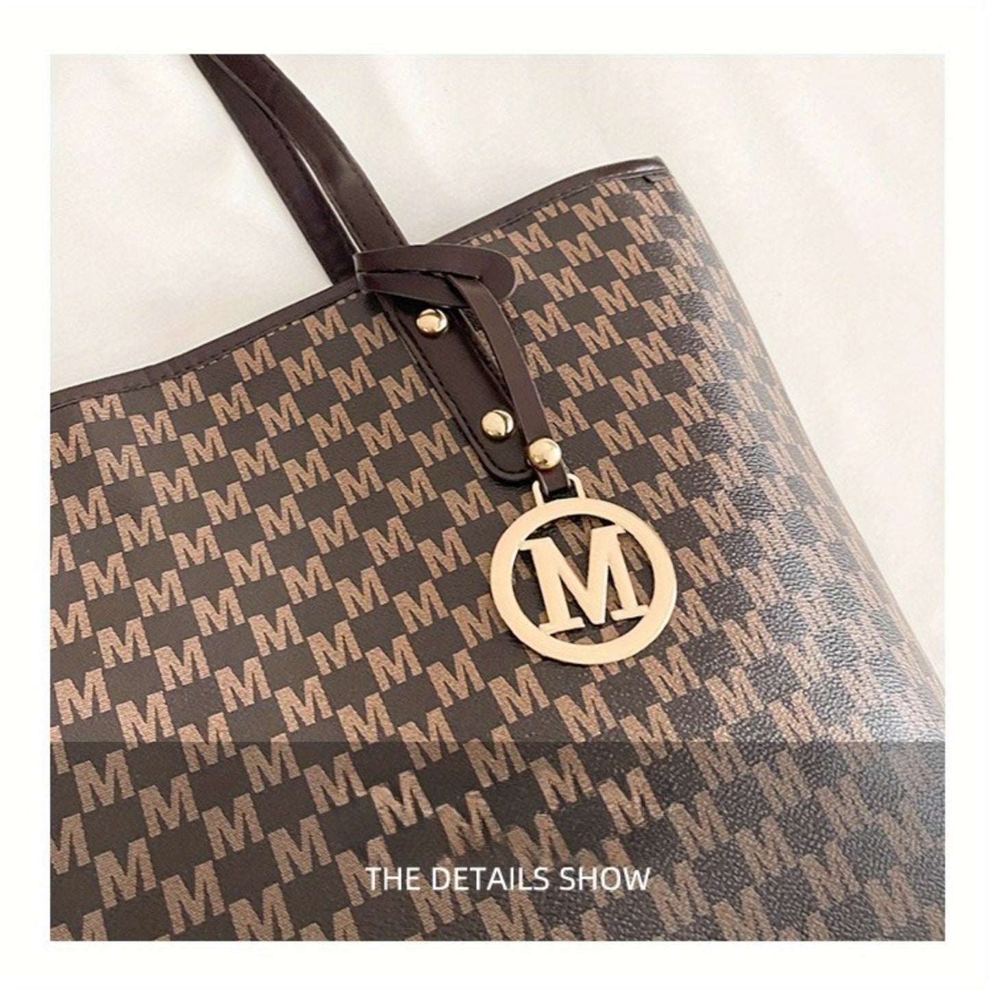 Sac Femme à Motif M – Grand Sac PU à Motif Géométrique Élégant, Sangle Chaîne Dorée, Logo "M", Multiples Compartiments, Fermeture Éclair, Sac Convertible pour Usage Quotidien