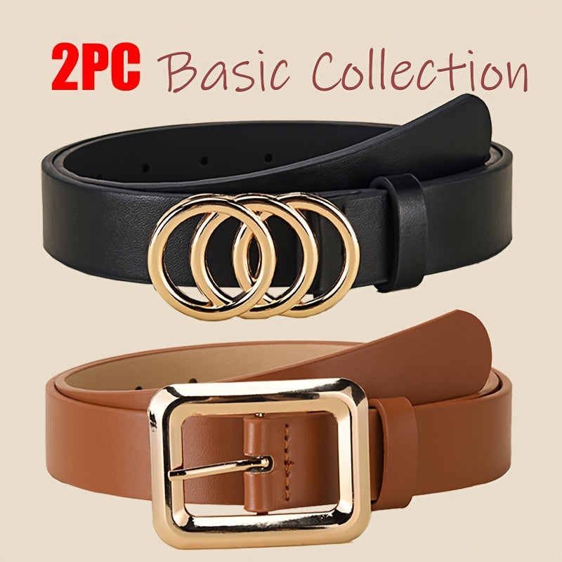 Lot de 2 ceintures fines pour femmes – Noir et blanc, combo ceinture et boucle, éléments dorés, 3 styles (rond/noir/blanc) pour jeans, shorts et robes, ceintures fines polyvalentes pour usage quotidien, mariages, fêtes et bureau (tailles standard)