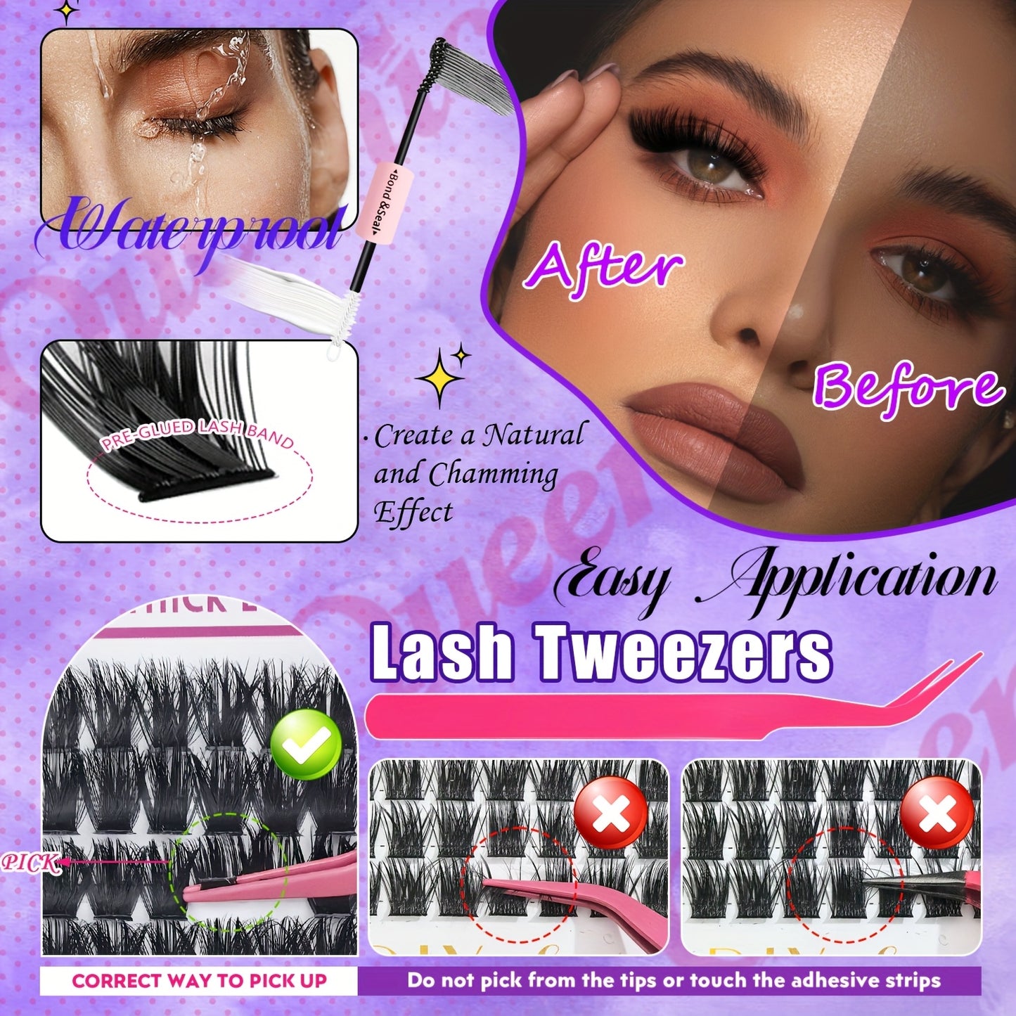 Kit d’Extensions de Cils Fluffy – 800 pcs, Auto-Application, Paquets Épais, Cils Individuels Wispy, D Curl (50D/60D/80D/100D), Réutilisables et Débutant-Friendly