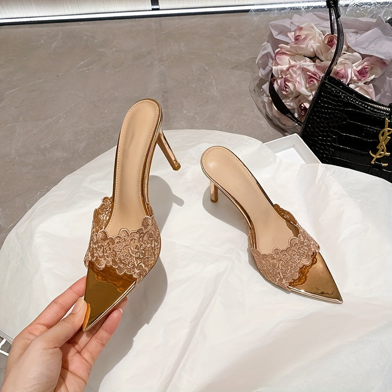Escarpins Élégants à Talons Aiguilles pour Femme – Champagne, Dentelle, Bout Ouvert, Bride à la Cheville, Talons Ultra-Hauts, Enfilage Facile, Polyvalents Toutes Saisons