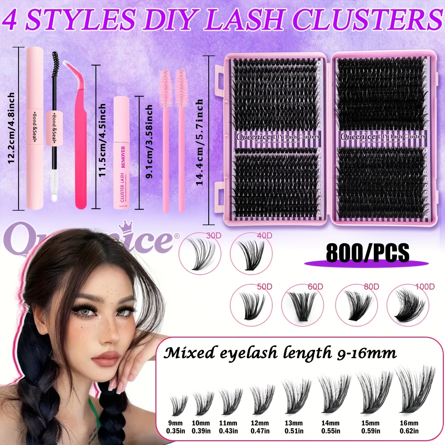 Kit d’Extensions de Cils Fluffy – 800 pcs, Auto-Application, Paquets Épais, Cils Individuels Wispy, D Curl (50D/60D/80D/100D), Réutilisables et Débutant-Friendly