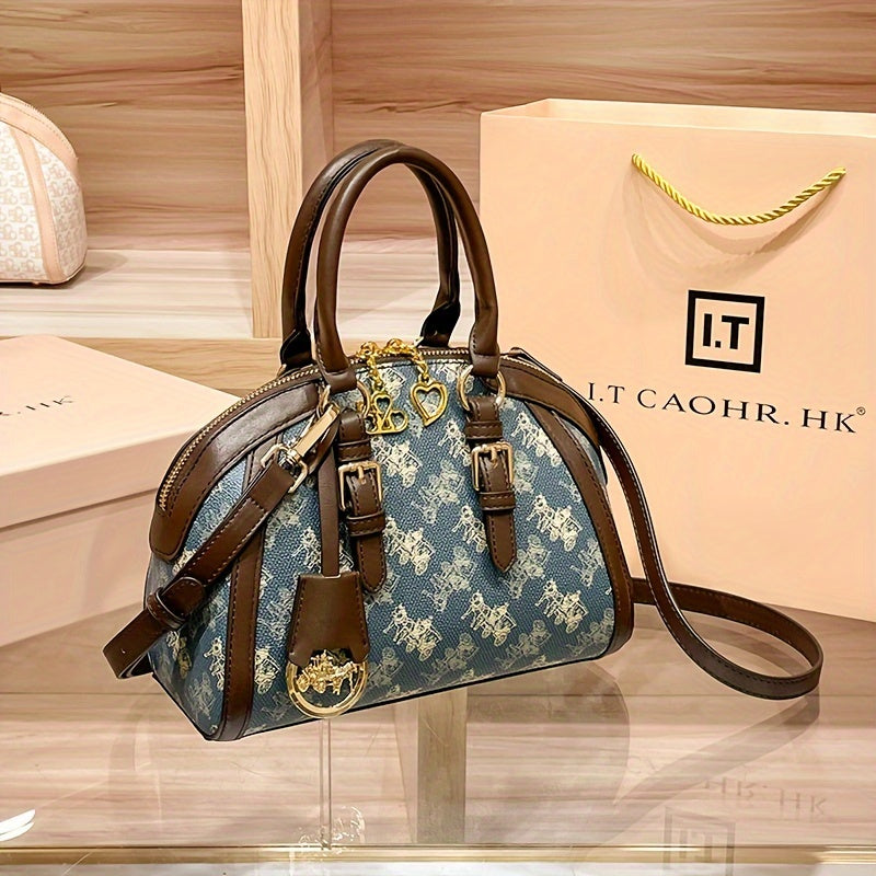 Sac à main vintage à imprimé carrosse pour femme – forme coquillage, bandoulière amovible, motif animal bleu en PVC, doublure polyester, fermeture zippée, élégant cadeau pour maman.