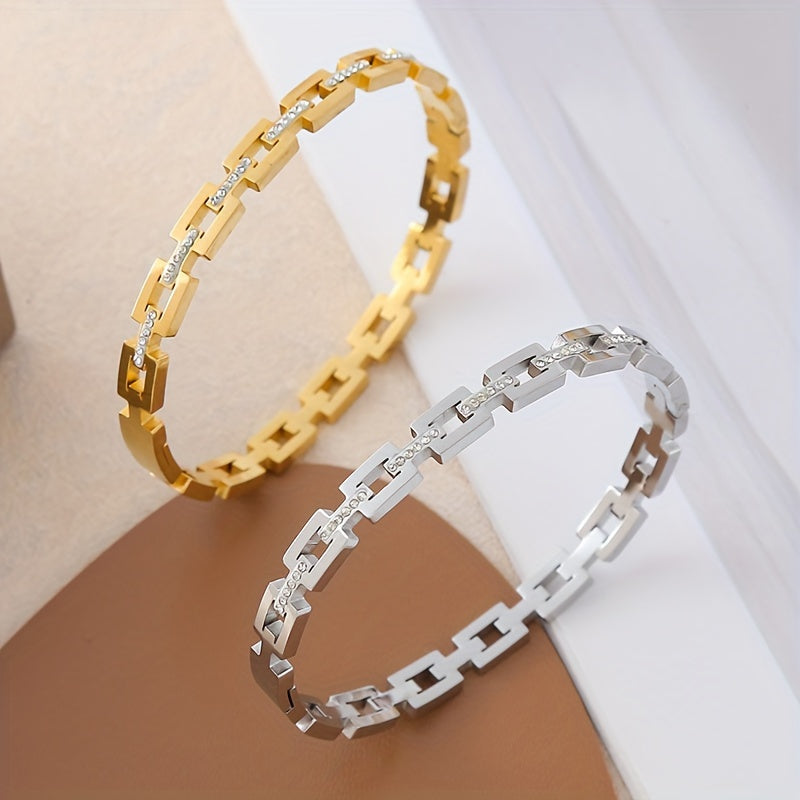 Bracelet jonc élégant Infinity – plaqué or 18K, acier inoxydable orné de strass, design classique à maillons carrés avec pierres scintillantes, parfait comme cadeau, accessoire quotidien, style classique et durable
