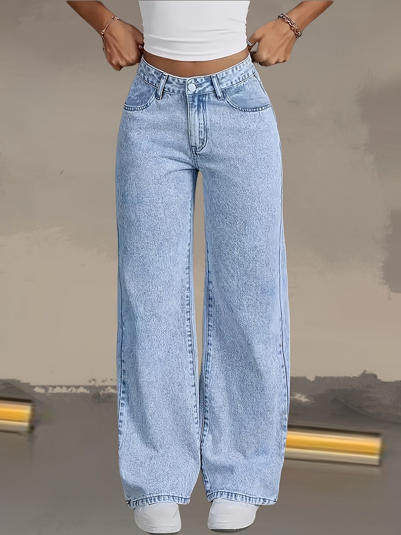 Jeans Femme Nouveaux – Coupe Large Droite, Bleu Clair Effet Flocon, Taille Haute Ceinturée, Confortables, Pantalon Décontracté Élégant Polyvalent pour Quotidien, Voyage et Bureau