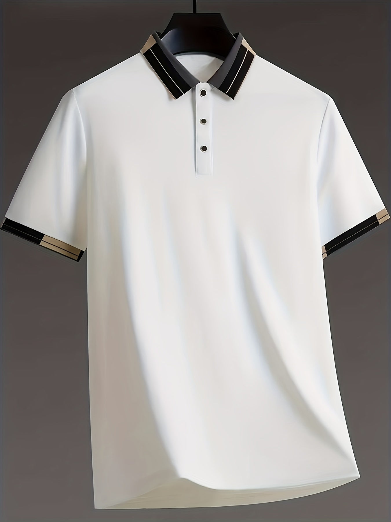 Men's Shirt - Dark Charcoal Gray with Golden Accent Collar, Soft Breathable Fabric Golf Shirt for Business, Casual, - Machine Washable Summer Button-Up Shirt for Office, Vacation, Casual Attire, Vacation Clothing, Sophisticat