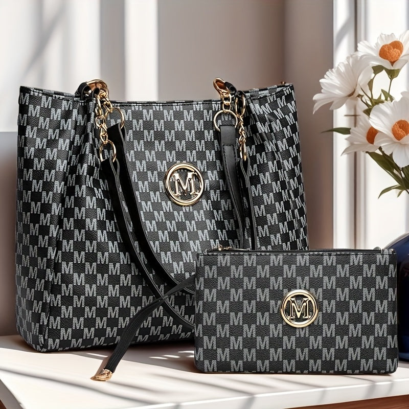 Set de 2 sacs pour femmes – grande capacité, sac fourre-tout et bandoulière, élégant avec ferrures dorées et chaîne, fermeture zippée, bandoulières fixes, brun, polyvalent pour travail, voyage et usage quotidien