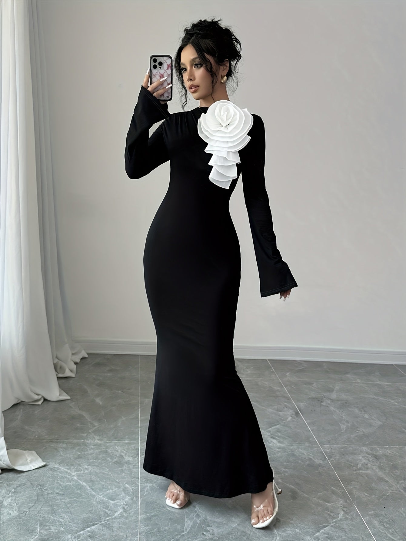 Elegant Party Dress with 3D Large Floral Design on The Front And Long Sleeves.