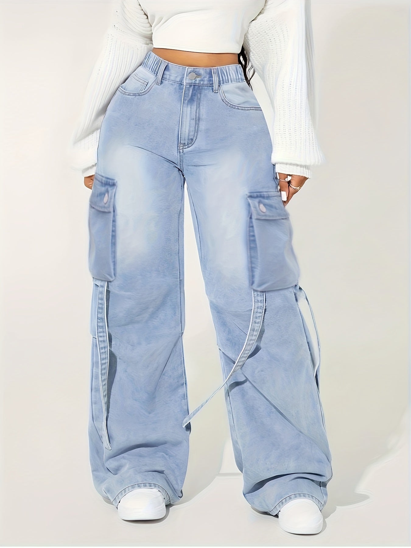 Jeans Cargo Femme Taille Haute – Jambe Large, Extensible, Multiples Poches, Bleu Denim, Style Y2K Streetwear