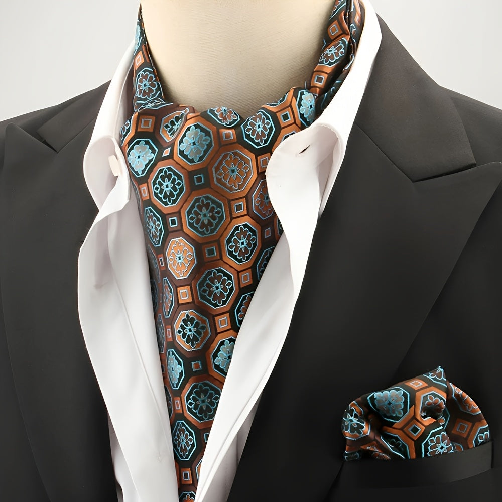 2pcs Ascot Homme – Écharpe et Pochette Style Rétro Britannique pour Mariages et Événements, Motifs Pois/Paisley/Fleur