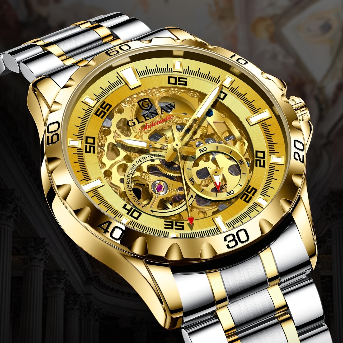 Men'S Automatic Watch with Flying Tourbillon Rotating Skeleton Mechanism - Stainless Steel Strap, Golden-Tone Dial, Mechanical Self-Winding Movement, Without Battery, Casual Style, Pointer Display