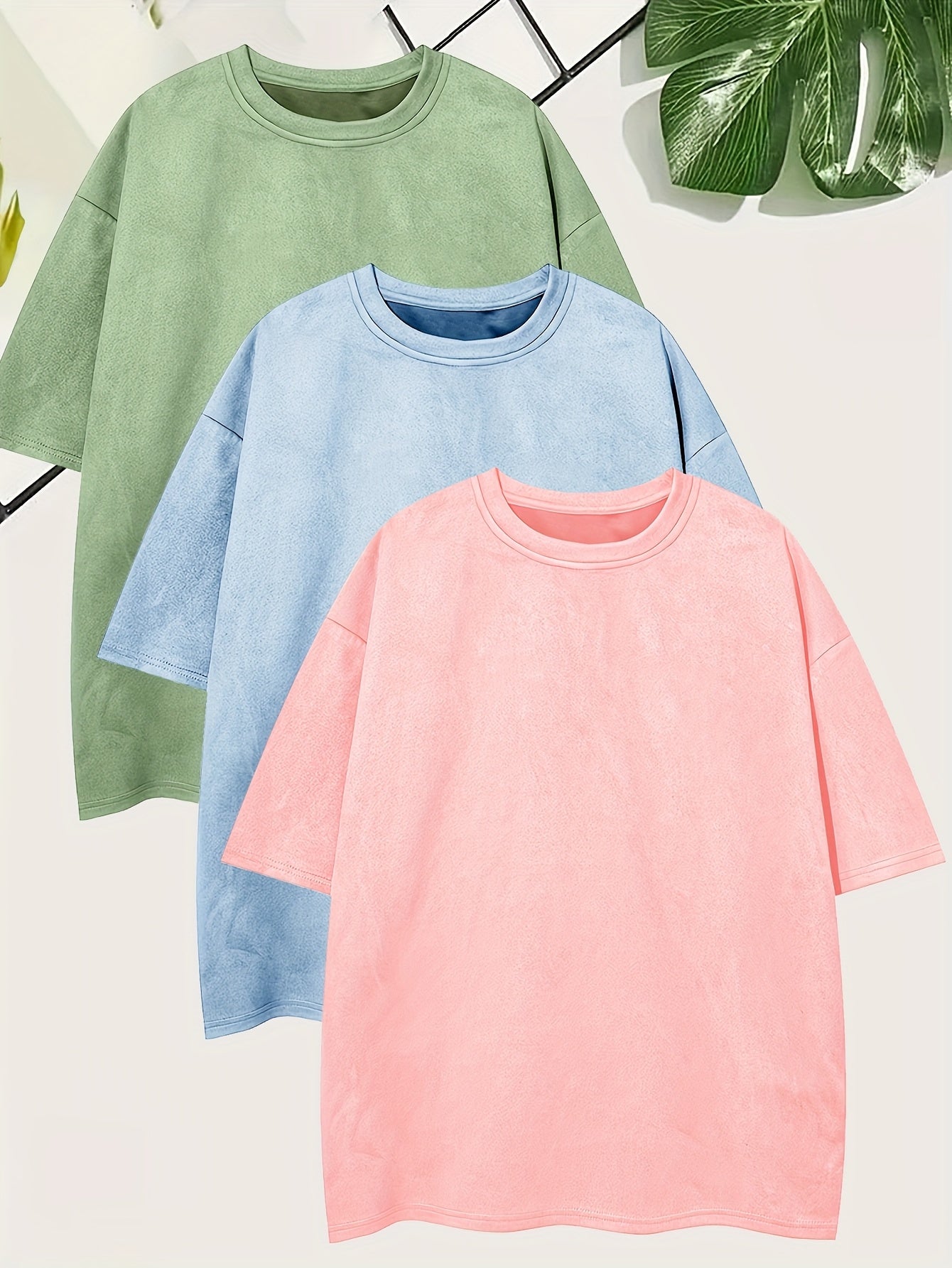 Pearson OBM Men'S Casual Loose Solid Color Faux Suede T-Shirt Set of 3, Short-Sleeve Round Neck Comfortable Tops.