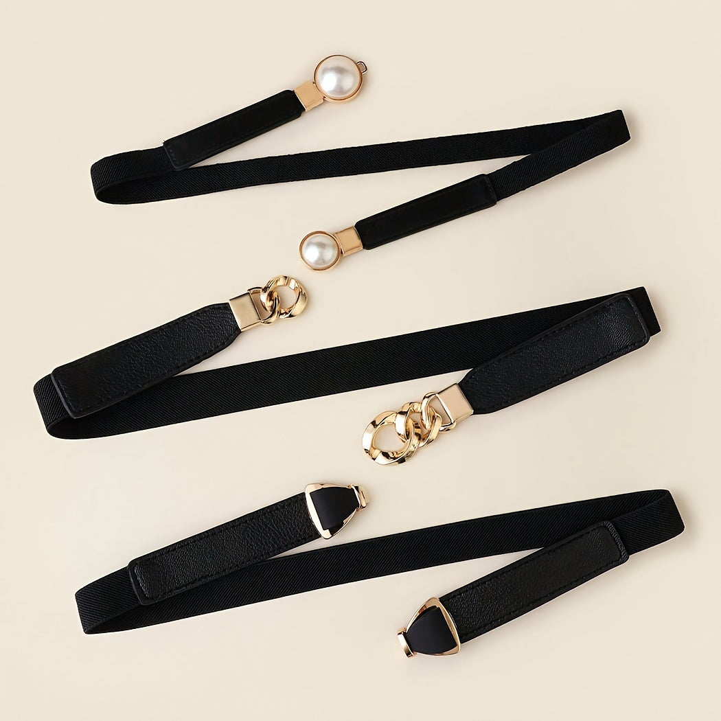 Lot de 3 ceintures élastiques simples, tendance et polyvalentes pour femmes – Ceinture élastique avec chaîne et nœud anti-perles, adaptée pour coupe-vent, robe, pull, veste, boucle en alliage