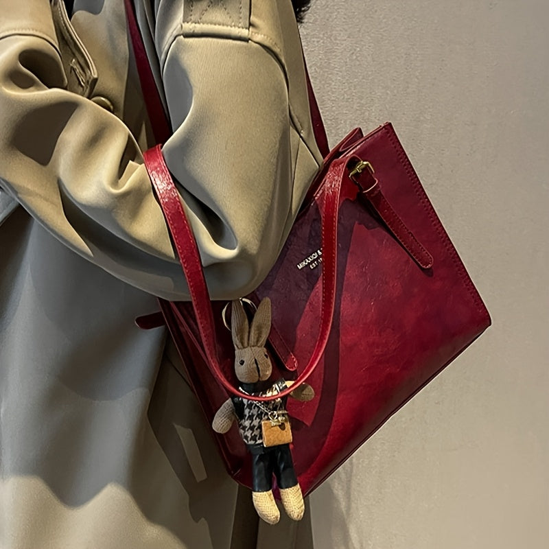 Sac fourre-tout rouge élégant avec fermeture zippée – grande capacité, bandoulière et crossbody polyvalent pour femmes, avec pendentif lapin, parfait pour mariages et occasions spéciales