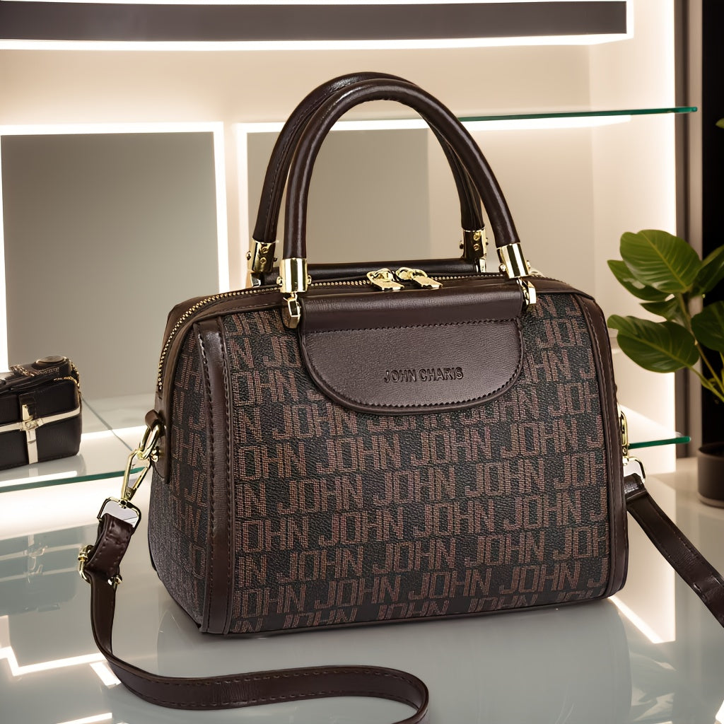 Sac à main synthétique de luxe pour femme – Boston bag marron élégant, hardware doré, bandoulière réglable, intérieur spacieux