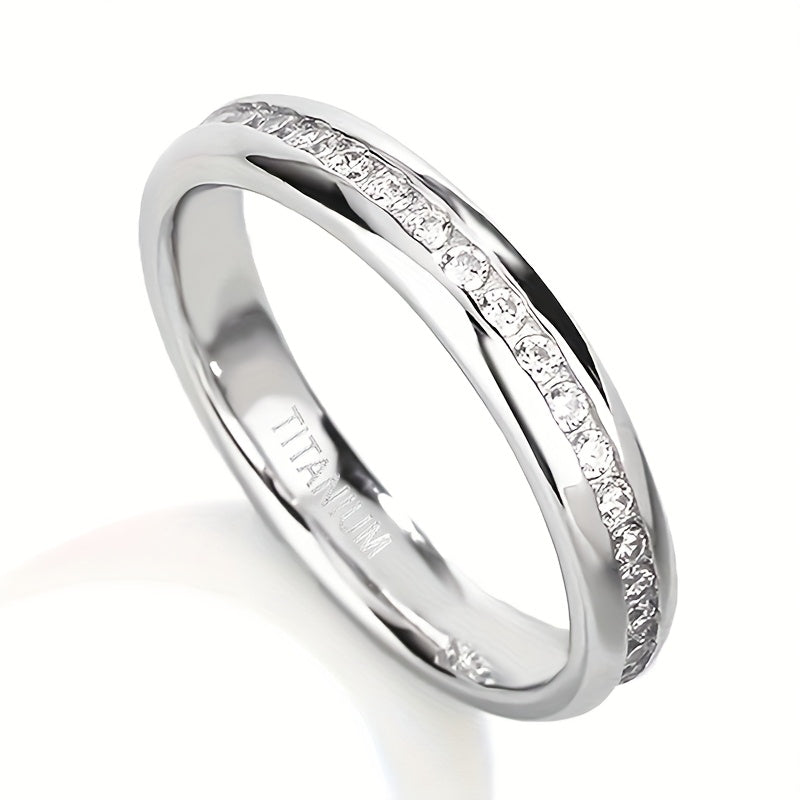 1pc 4mm Wide Round Arc Cubic Synthetic Zirconia Ring, Never Fade Titanium Steel Material Women's Trendy Wedding Engagement Jewelry Gift