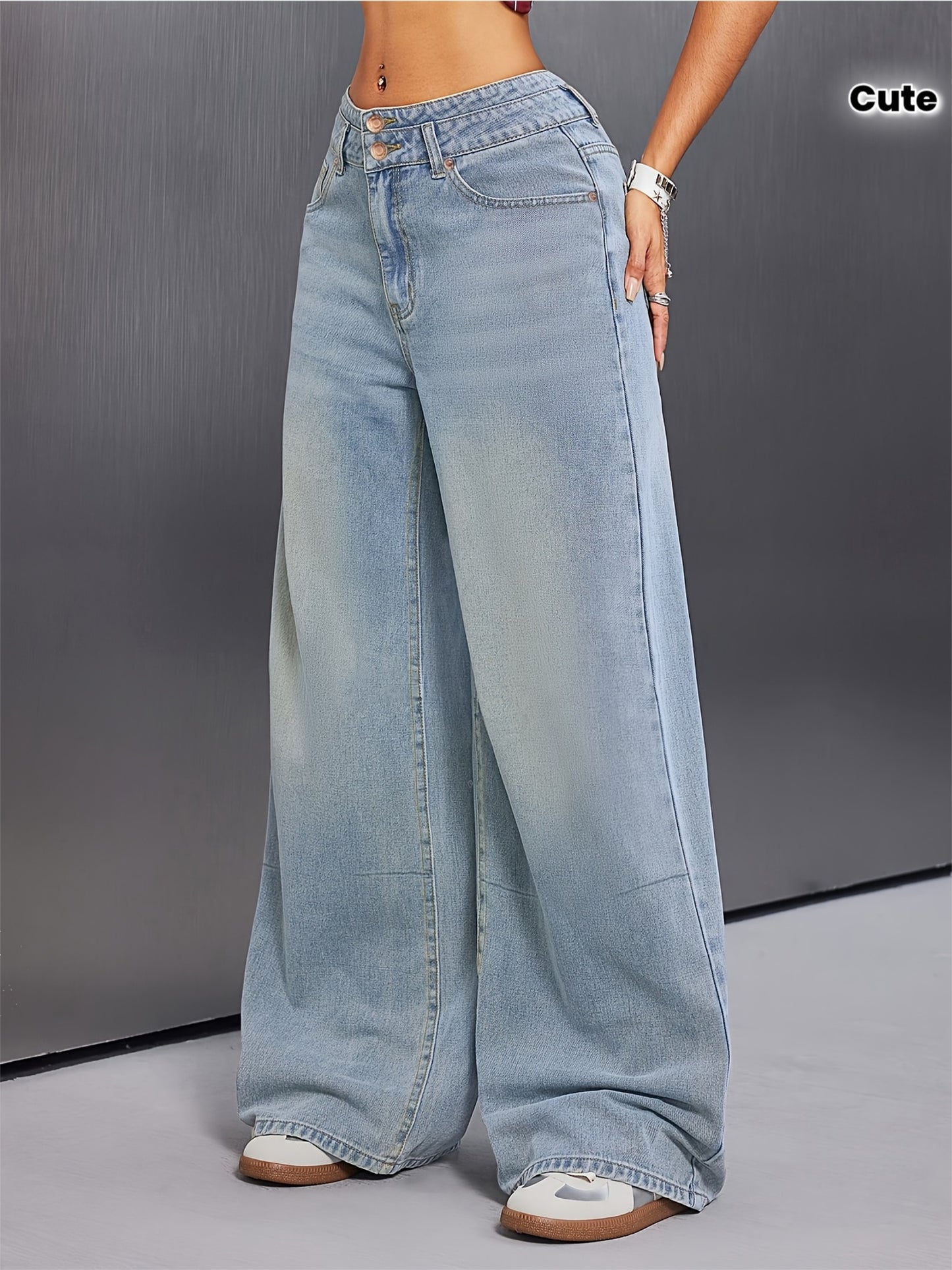 Jeans femmes– coupe décontractée, taille élastique, patchwork à double bouton, style baggy, tailles plus, bleu délavé et kaki