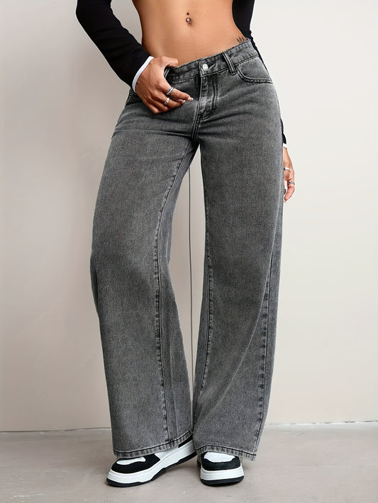 Pantalon Femme Décontracté Jambe Droite Denim Taille Haute Boutons Zippé Confort Toute Saison Couleur Unie