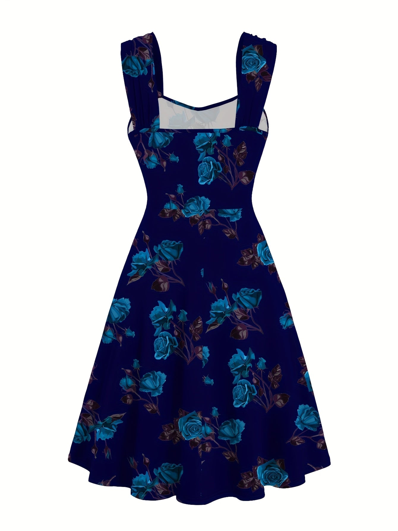 Robe élégante décontractée pour femme, imprimée de roses, plissée sur le devant, à larges bretelles croisées et épaules dénudées