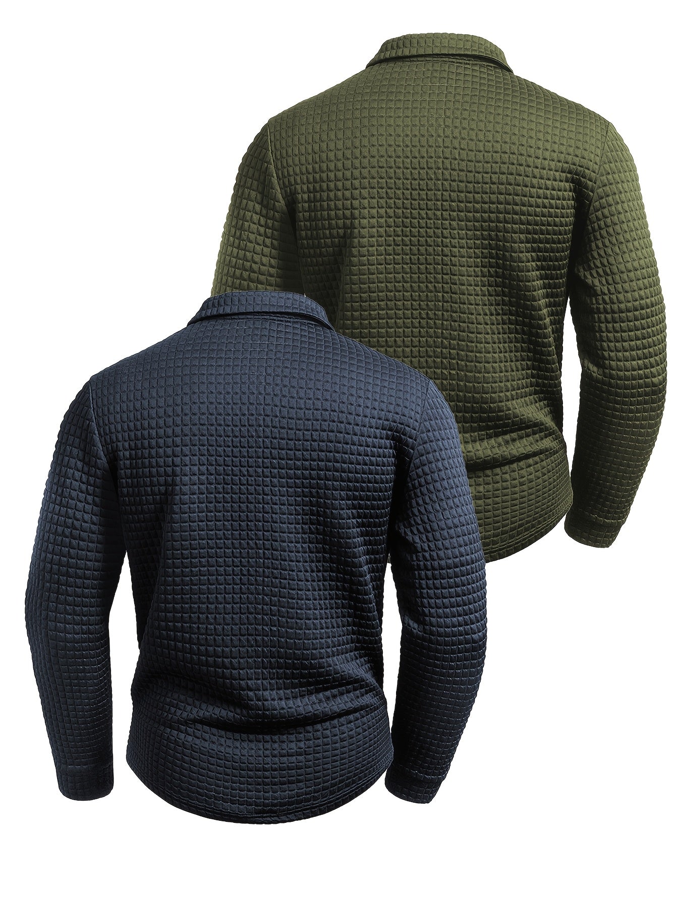 Two Long-Sleeve Polo Shirts with a Digital Print Fabric Featuring a Random Check Pattern, Non-Positioned Plaid Design, Square Check Texture Fabric, Stylish Casual Wear for Everyday Outfits.
