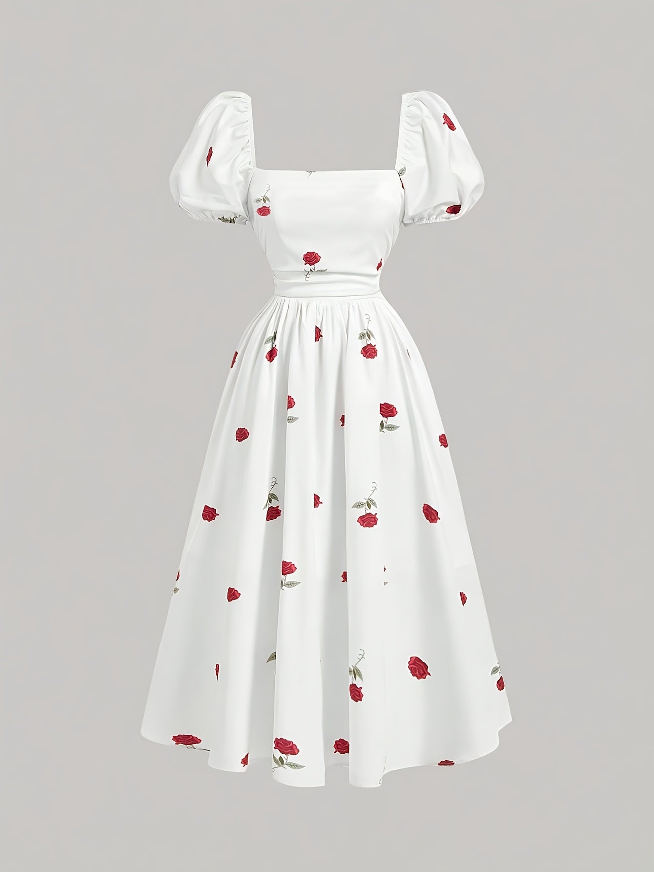 Robe élégante pour femmes à col carré – Imprimé floral, manches courtes, coupe ajustée en A, roses rouges et feuilles vertes, légère et lavable en machine, printemps/été/automne, casual à semi-formel