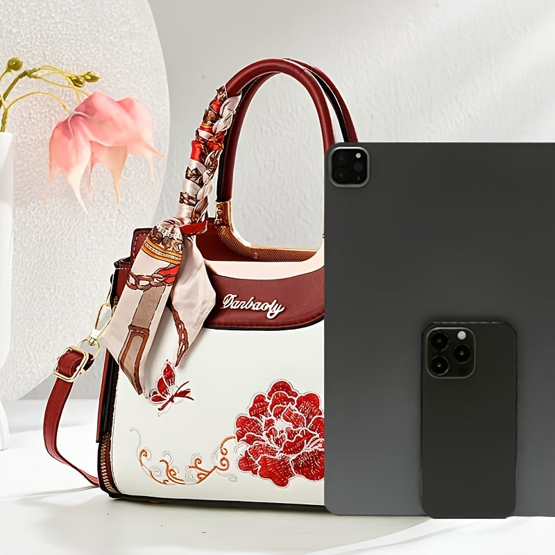 Sac Bandoulière Élégant Femme– Noir avec Broderie Florale et Bandoulière Amovible, Grande Capacité, Fermeture Éclair, Sac à Épaule, Cadeau Idéal pour Maman, Sac Polyvalent pour le Quotidien, Accessoire Sophistiqué, Finition Premium