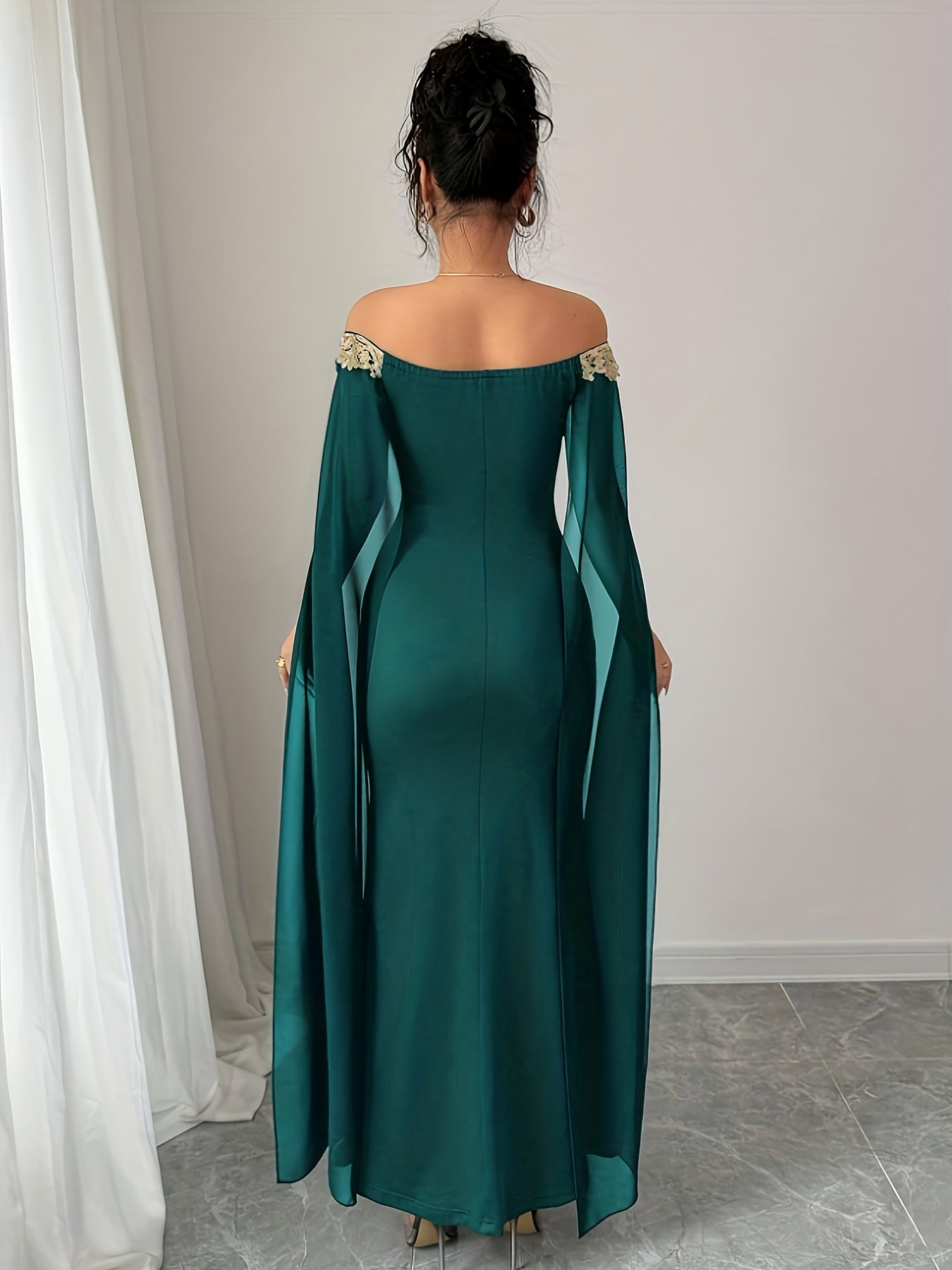 Sexy, Elegant and Versatile Daily Wear Golden Floral Embellished Off-Shoulder Sheer Cape Fitted Waist Golden Appliqué Long Mermaid Hem Bodycon Dress