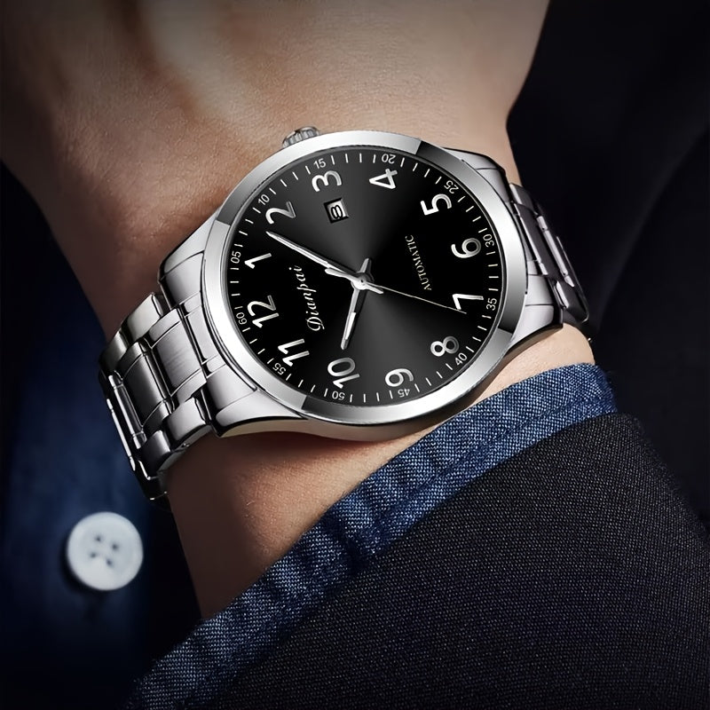 Montre Mécanique Automatique Homme – Avec Calendrier et Aiguilles Luminescentes, Acier Inoxydable, Montre de Luxe pour Tenue Business & Décontractée, Lunette Stylée, Sans Batterie