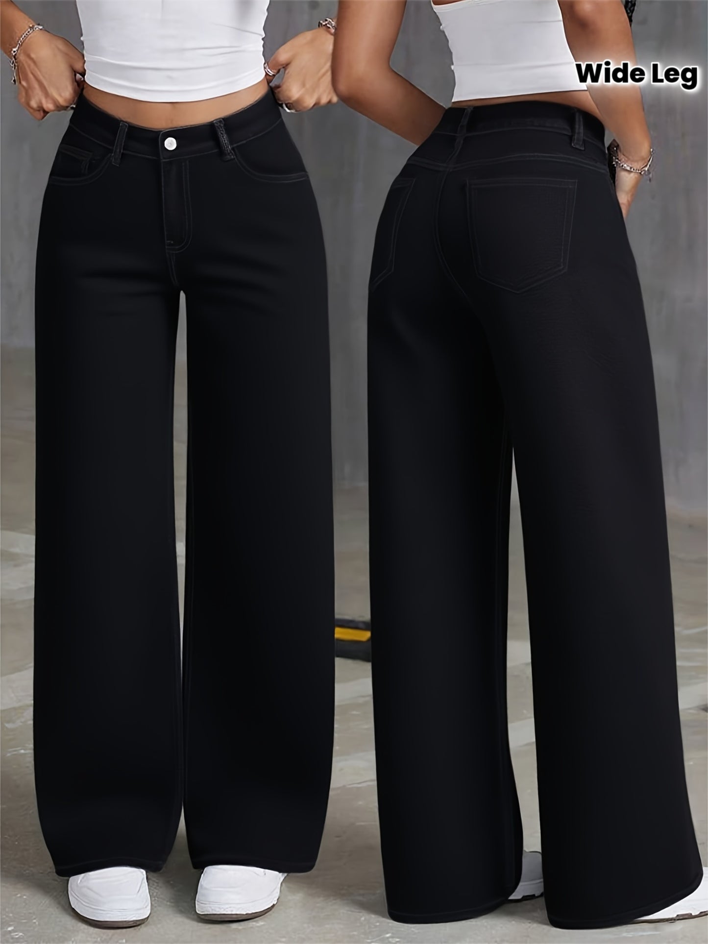 Jeans Femme Noir Jambe Large Extensible Poches Confortable Polyvalent Toute Saison Décontracté