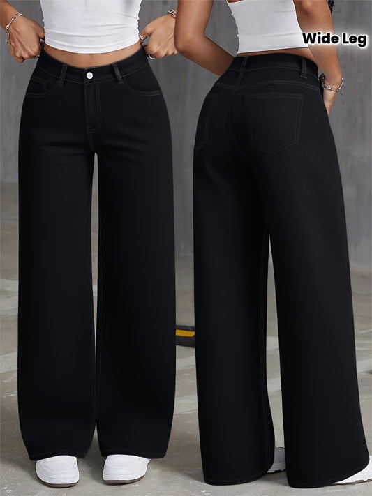 Jeans Femme Noir Jambe Large Extensible Poches Confortable Polyvalent Toute Saison Décontracté