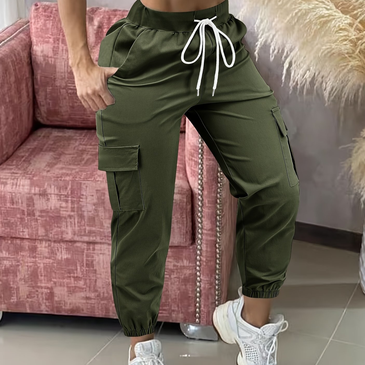 Pantalon Cargo Femme Décontracté – Beige, Taille à Cordon, Multiples Poches, Ourlet Effiloché, Tous Saisons