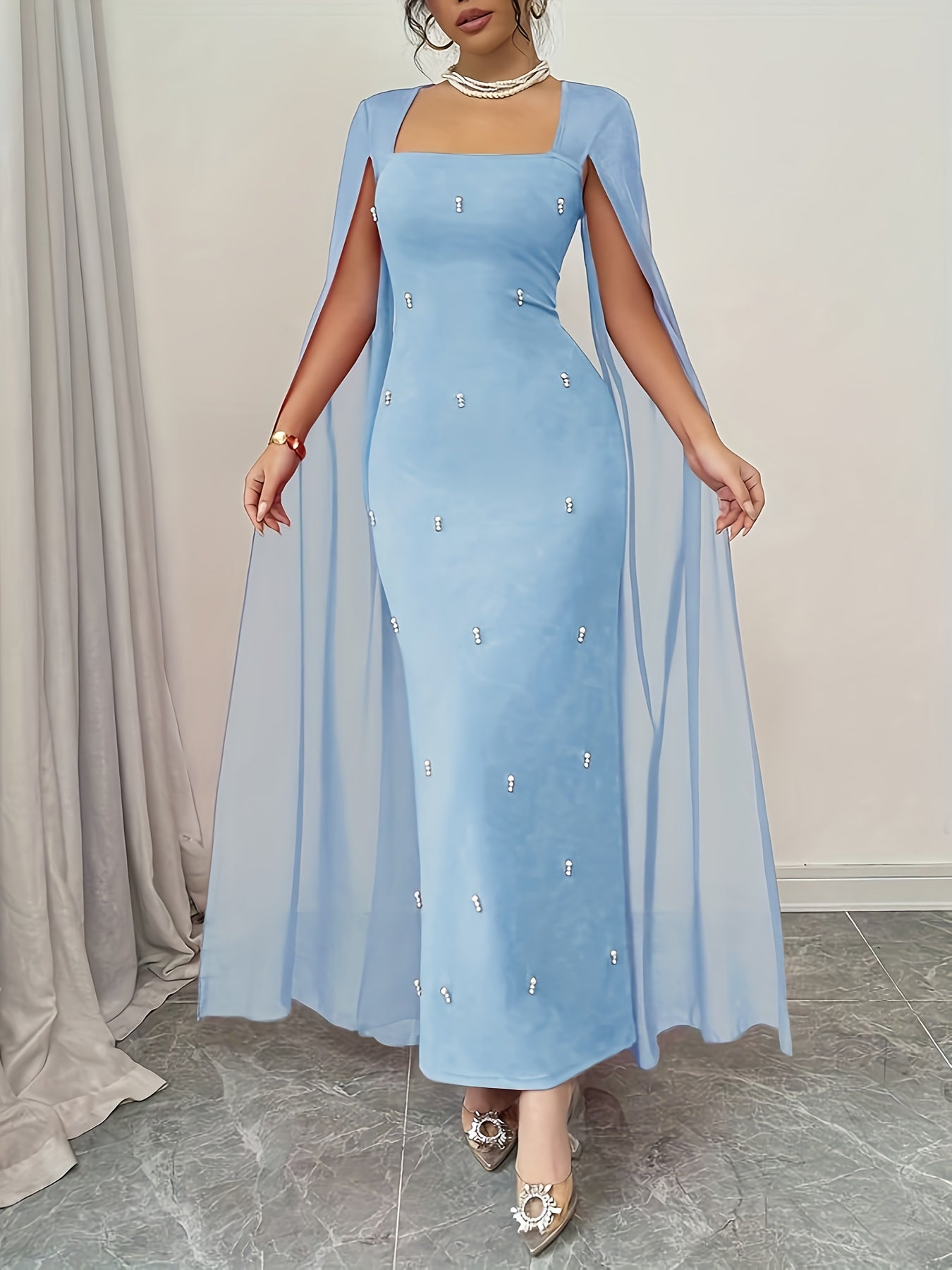 Elegant Everyday Party Fitted Shawl Collar Chiffon Sheer Stretchy Red Women'S Dress - Long Mermaid Gown for Spring And Summer