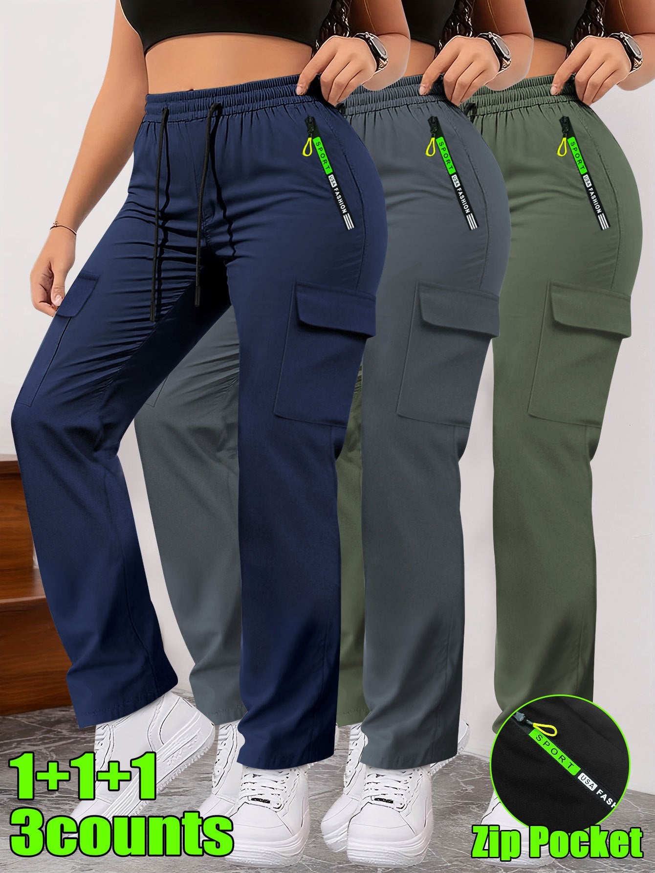 Lot de 3 Pantalons Femme– Poches Zippées et Cargo, Robustes, Sans Extensibilité, Printemps/Automne
