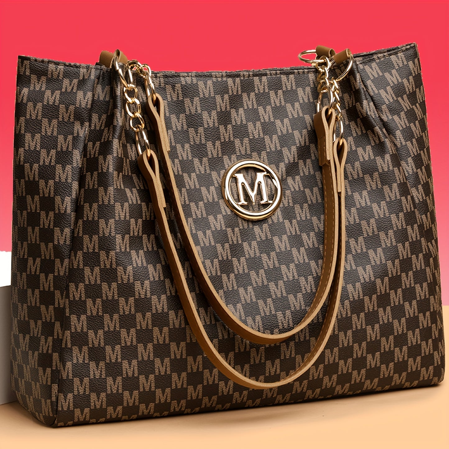 Sac Cabas Femme Élégant et Classique à Monogramme « M » – Grande Capacité, Cuir Synthétique avec Détails Marron, Bandoulières Fixes et Quincaillerie Dorée, Fermeture Éclair, Parfait pour le Travail, Déplacements et Shopping