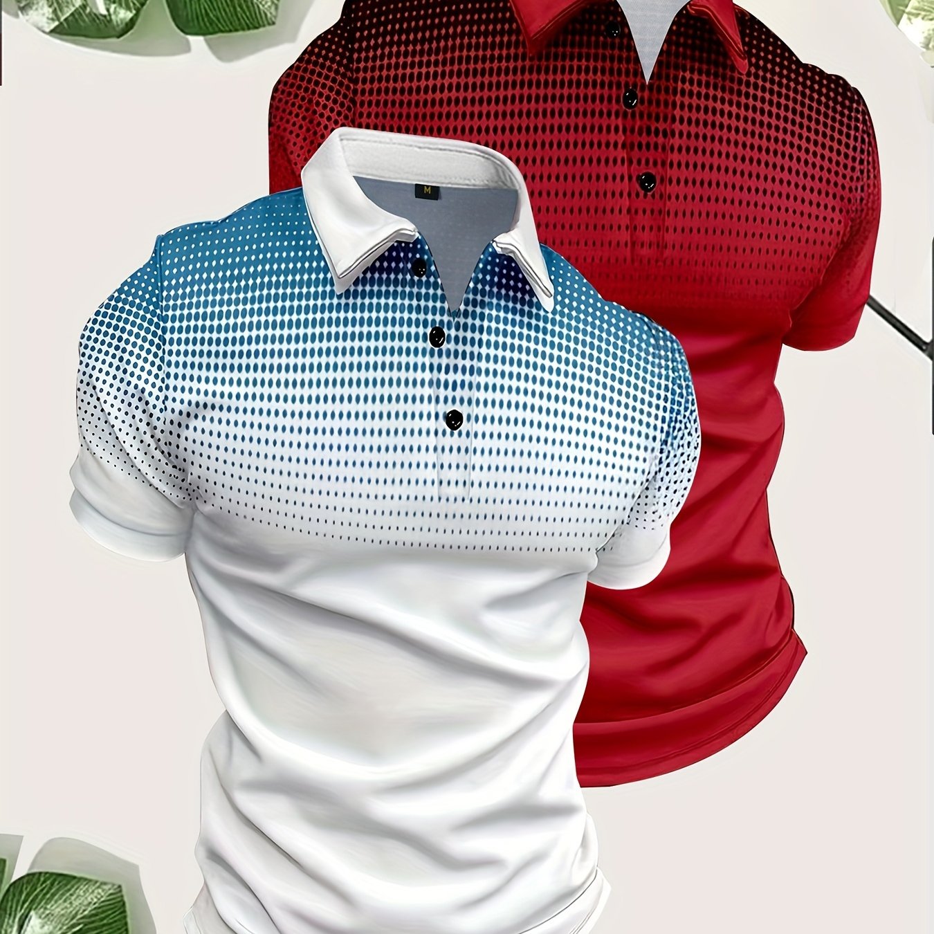 2pcs Men's Gradient Pattern Print Short Sleeve Lapel Golf Shirts, Casual Style Slight Stretch Regular Fit Summer Tops, Summer Golf Shirts