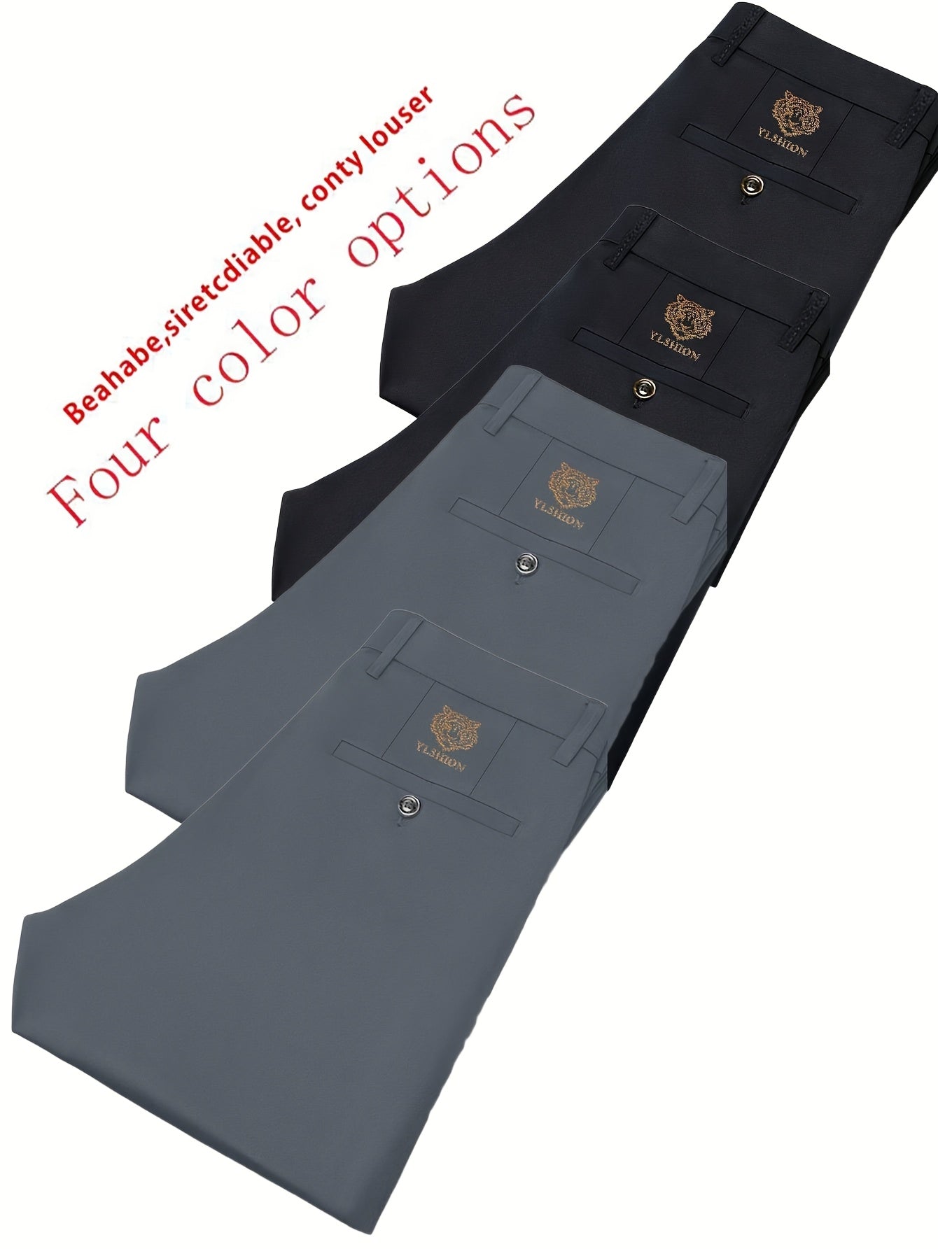 4pcs Pantalons Homme Business Léger – Jambe Droite, Tout Saison, Anti-Rides, Blanc/Noir/Gris/Bleu Marine